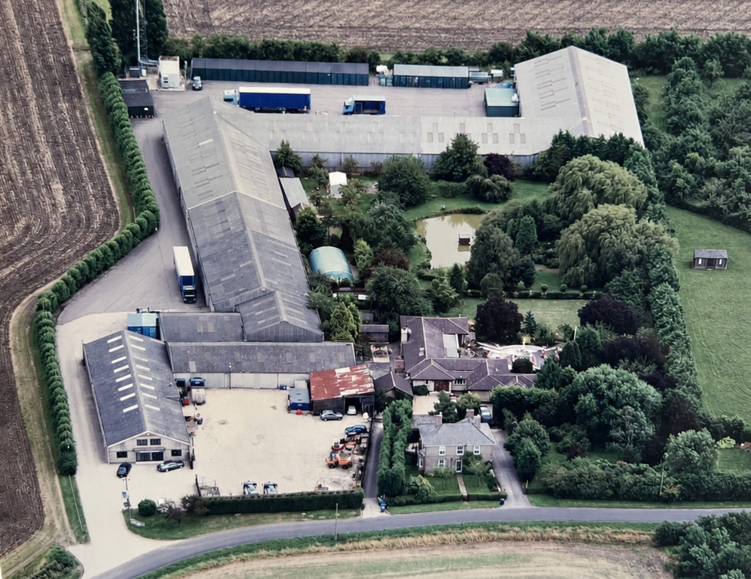 The Eynesbury yard from the air today, with its warehouses and lorries
